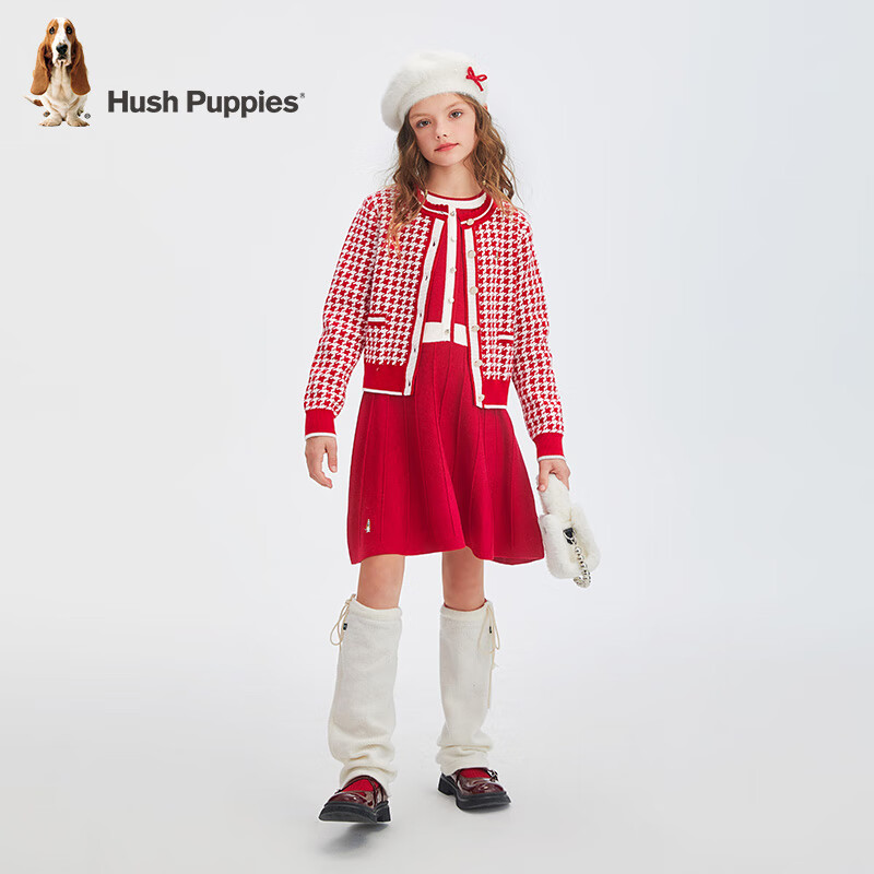 暇步士(Hush Puppies)【经典款】童装儿童女童冬季新款舒适小香风气质开身线衣 珊瑚红 120