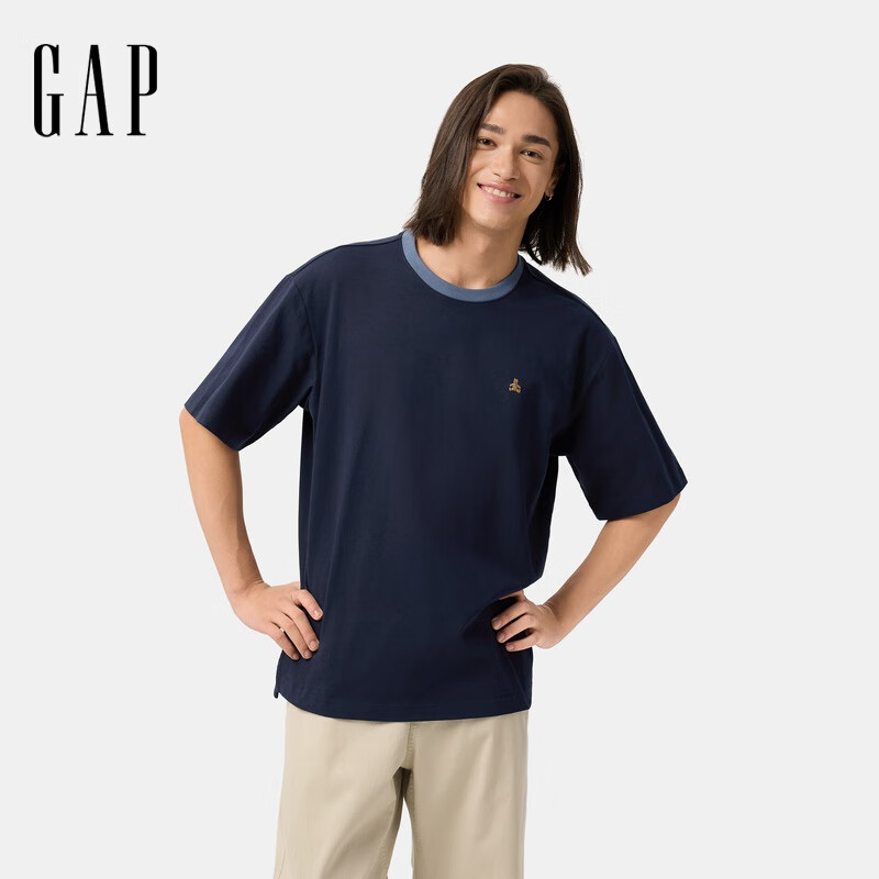 GAP男女装春季款纯棉小熊刺绣撞色圆领短袖T恤上衣724970 海军蓝 XL (180/100A) 亚洲尺码 【偏大，建议拍小一码】