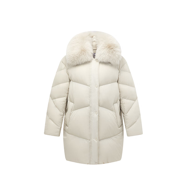 太平鸟女装羽绒服冬季毛领中长款保暖面包服简约外套 浅卡其 L