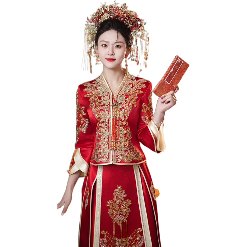烏拓紅絲絨秀禾服V領(lǐng)婚服小個子新娘150結(jié)婚絲絨嫁衣新中式婚紗秀和 緞面V領(lǐng)小個子款 L
