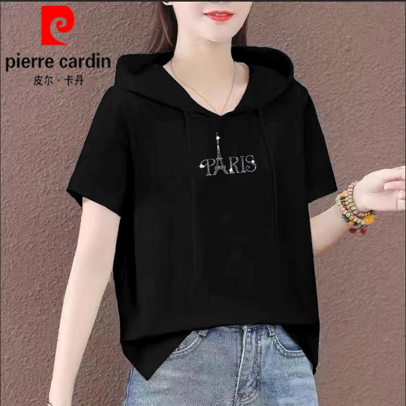皮爾卡丹（pierre cardin）連帽短袖t恤女純棉2025夏季新款大l碼寬松顯瘦時尚洋氣燙鉆衛(wèi)衣衫 黑色-英文塔 3XL (建議145-160斤)