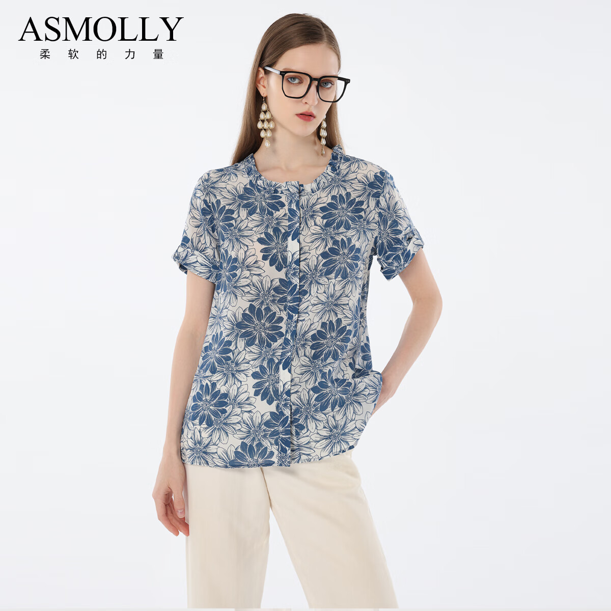 Asmolly夏天涼快女裝100%桑蠶絲上衣2025春夏新款長袖真絲襯衫短袖襯衣 優(yōu)雅印花 S