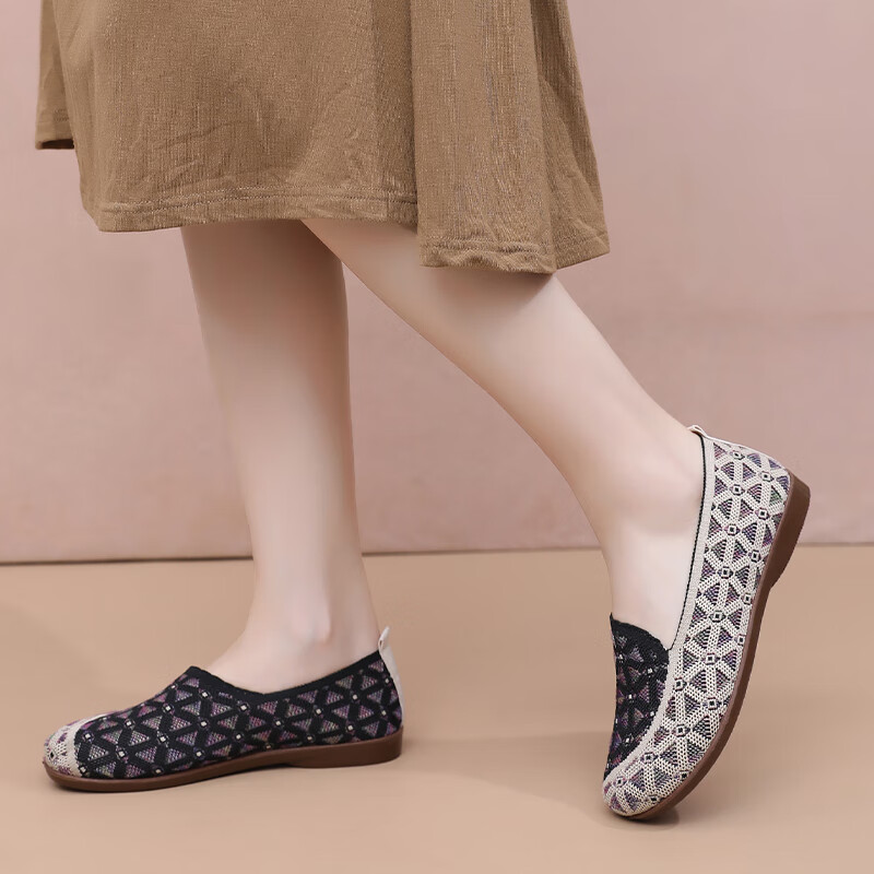 意迪森正宗老北京布鞋女春秋新款飞织鞋面透气不捂脚艾草鞋垫舒适减震款 灰色 35 (225mm)