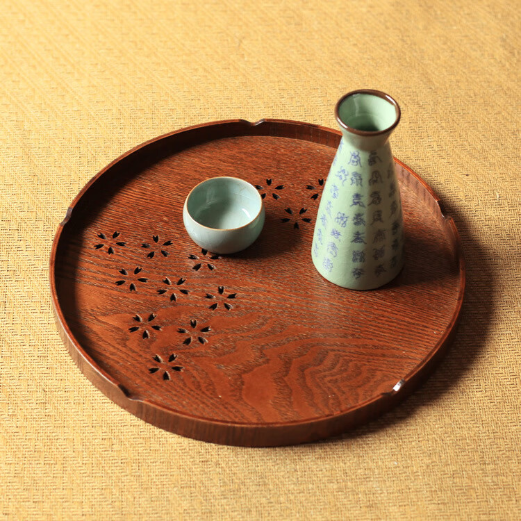新款新款日式圓形茶盤托盤花雕刻鏤空木盤五里板圓木盤 深色 27ＣＭ