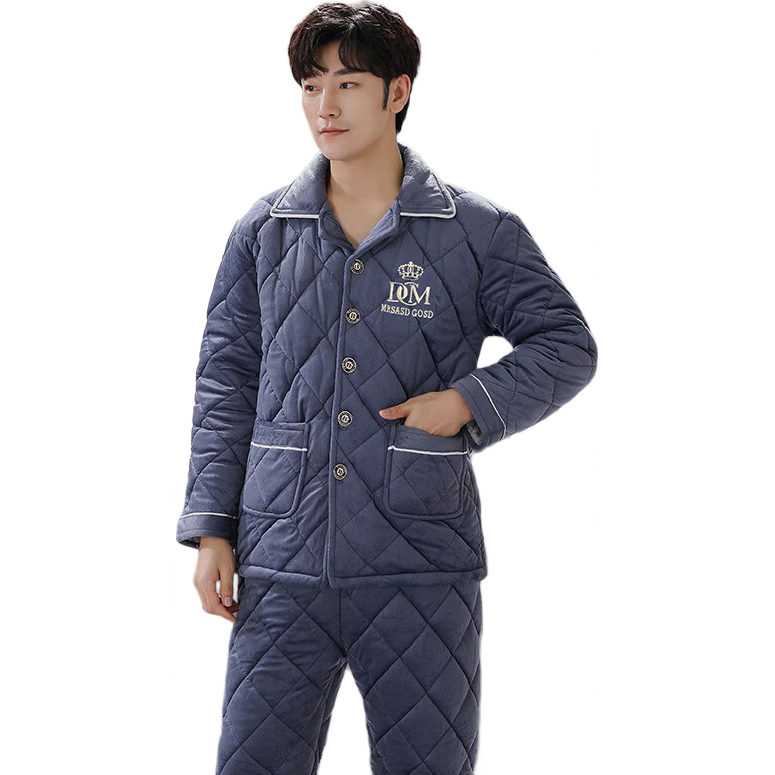 浪莎特厚睡衣男秋冬三层夹棉珊瑚绒加绒加厚保暖开衫可外穿男士家居服