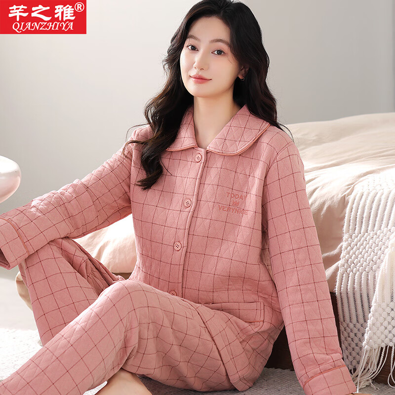 芊之雅（QIANZHIYA）秋冬季空氣棉夾層睡衣套裝女士純棉長袖夾棉加厚加棉居家服秋冬天 LST-24822#蝦紅格 2XL 女175（參考140-160斤）