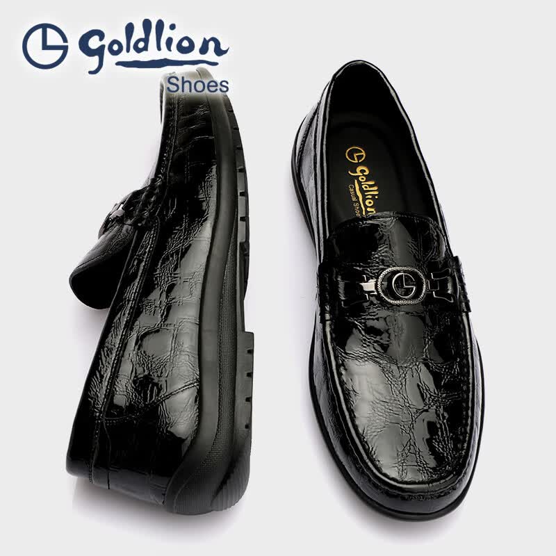 金利来（Goldlion）男鞋 亮皮男士豆豆鞋 圆头套脚商务休闲皮鞋 漆皮乐福鞋 黑色 42 比标准码皮鞋偏大一码