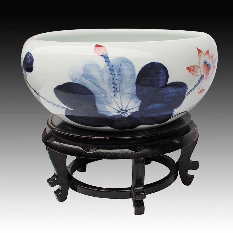 天啟世紀(jì)景德鎮(zhèn)陶瓷魚缸手工養(yǎng)金魚盆荷花盆烏龜缸碗蓮睡蓮盆客廳風(fēng)水?dāng)[件 寫意荷花手繪 小號 肚徑24CM +高