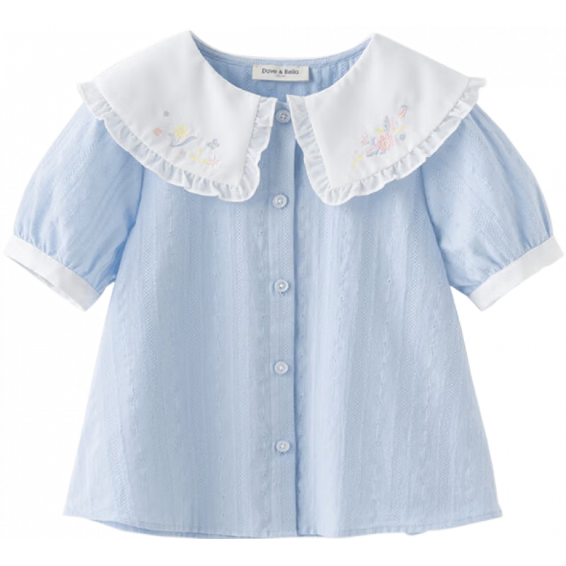 戴維貝拉（DAVE＆BELLA）兒童襯衫中大童短袖襯衣2025夏季新款小女孩衣服洋氣女童上衣童裝 復(fù)古藍【現(xiàn)貨】 160 cm（建議身高150-160cm）