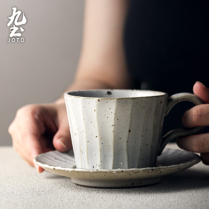 九土日式复古条纹水杯创意怀旧咖啡杯纯手工粗陶马克杯下午茶杯碟套装 咖啡杯+碟子