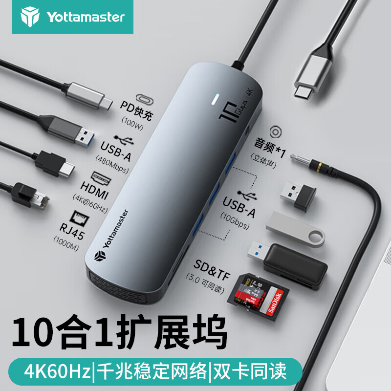 尤达大师（Yottamaster）拓展坞Type-c3.2扩展坞USB-C转HDMI网线转接头通用MacBookair华