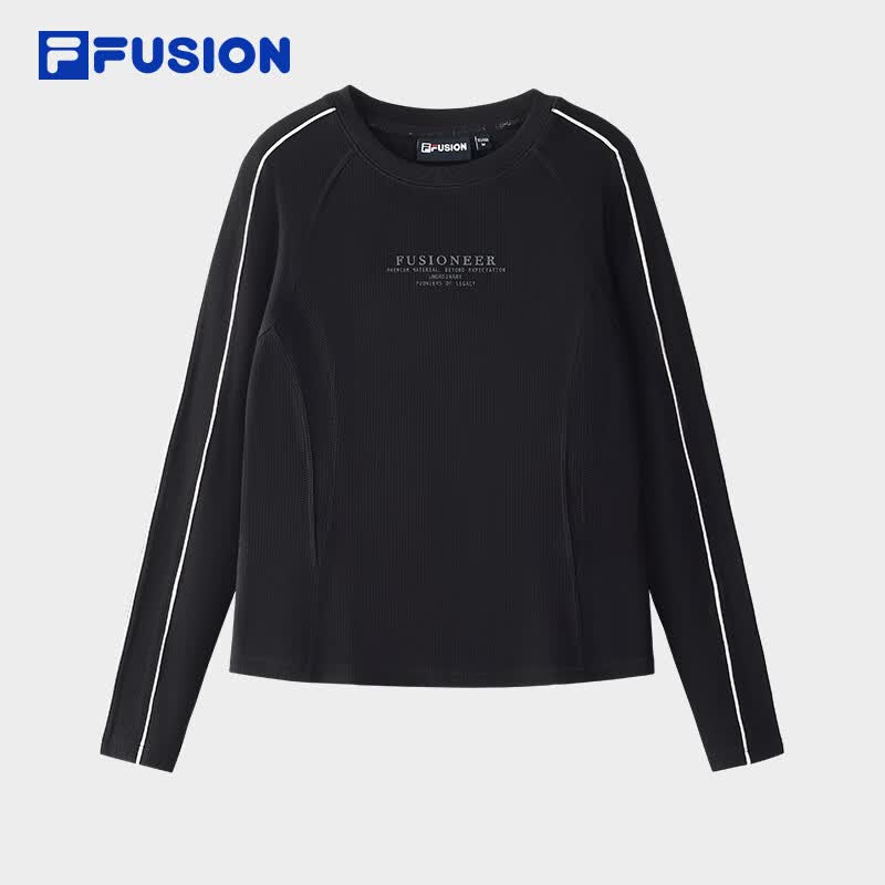 FILA FUSION斐乐潮牌女子针织长袖衫时尚休闲修身长T 正黑色-BK S 160/80A/S