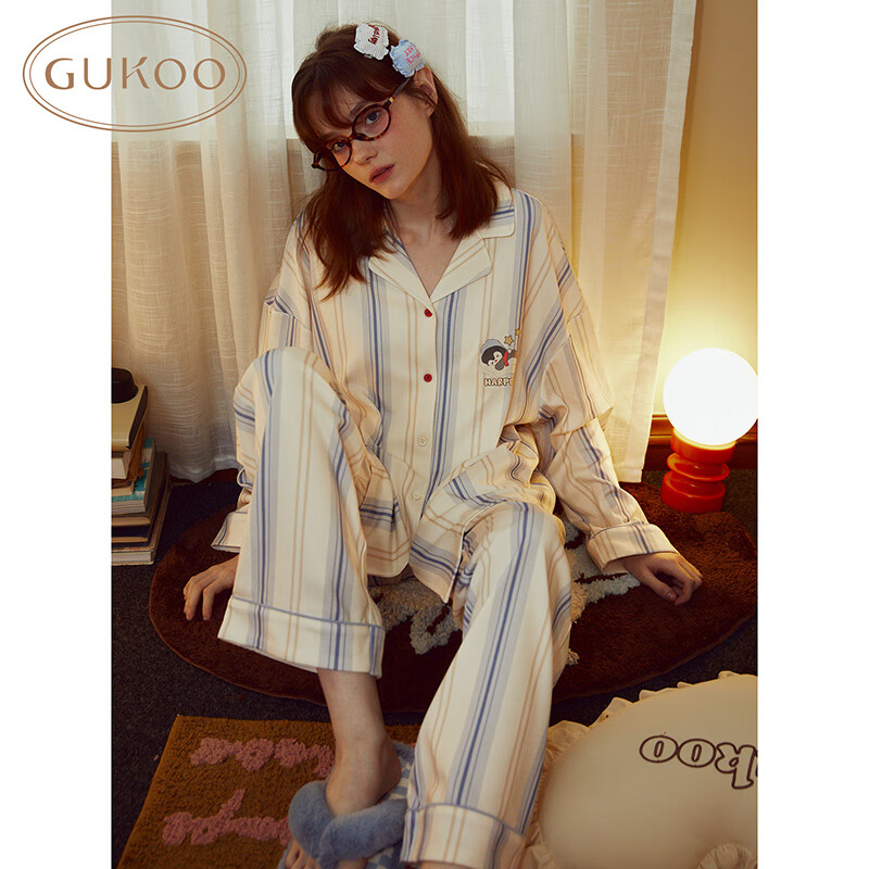 果壳（Gukoo）情侣睡衣男春秋新款纯棉睡衣条纹翻领女士家居服套装 灰蓝女 L