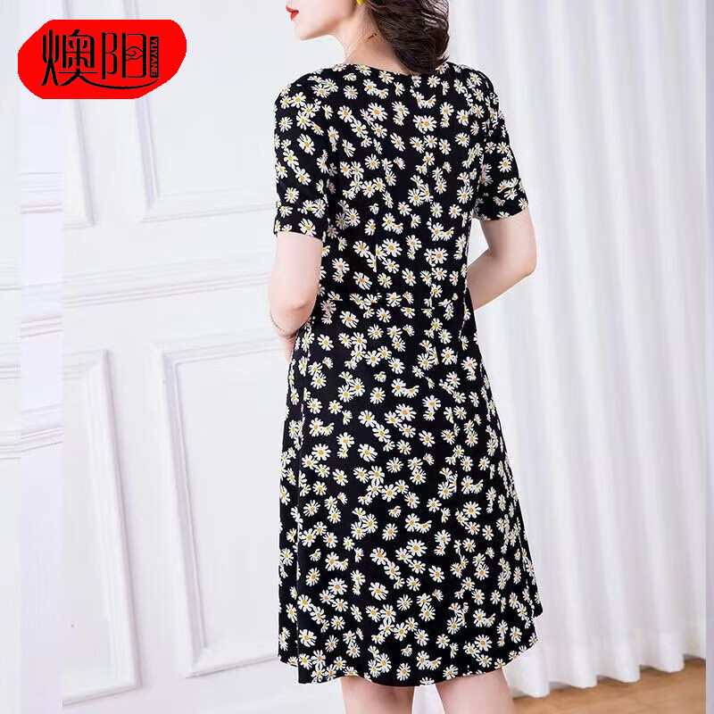 燠阳新款绵绸女士印花连衣裙短袖夏季休闲绵绸睡qun薄款家居 绵绸连衣裙-新小雏菊 加大码（建议130-170斤）
