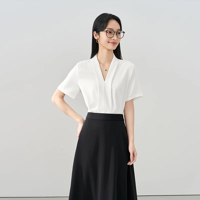 伯德小姐白色職業(yè)v領(lǐng)襯衫女夏小個(gè)子面試正裝銀行工作服雪紡襯衣 CSB16 白色 XL -適合109-118斤可穿
