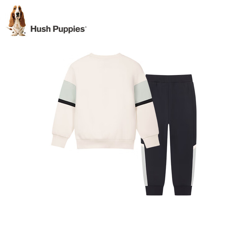 暇步士（Hush Puppies）【莱卡】童装儿童男小童春季新款弹力时尚简约潮流套装 米白色 【宽松版】 130