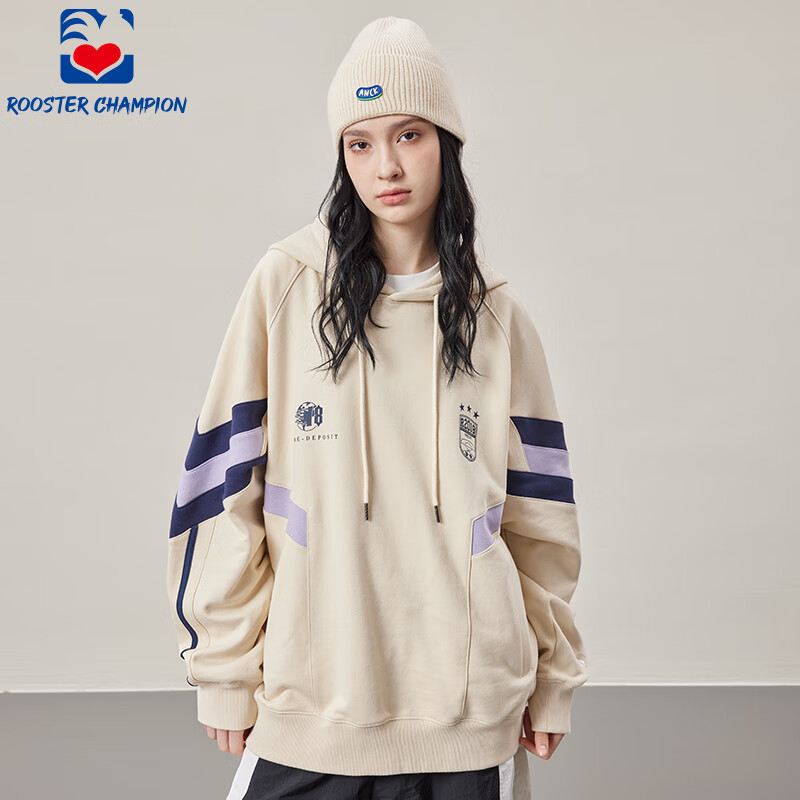 公鸡冠军春季新款卫衣浅杏色男女同款连帽刺绣拼接撞色简约宽松外套 浅杏色 XL