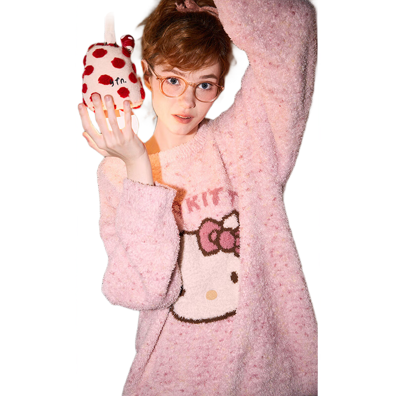 果壳（Gukoo）睡衣女秋冬半边绒睡衣HelloKitty可爱女士家居服套装 浅粉红 M 