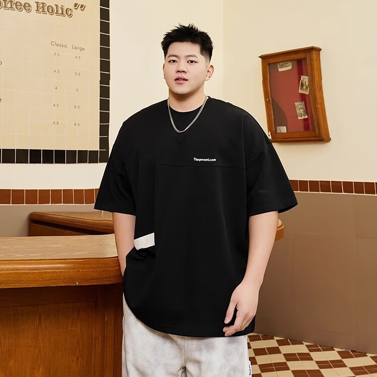 潮牌大码男装2025夏季新款胖子宽松拼接短袖t恤男加肥加大半袖衫 黑色302 7XL 建议250-270斤