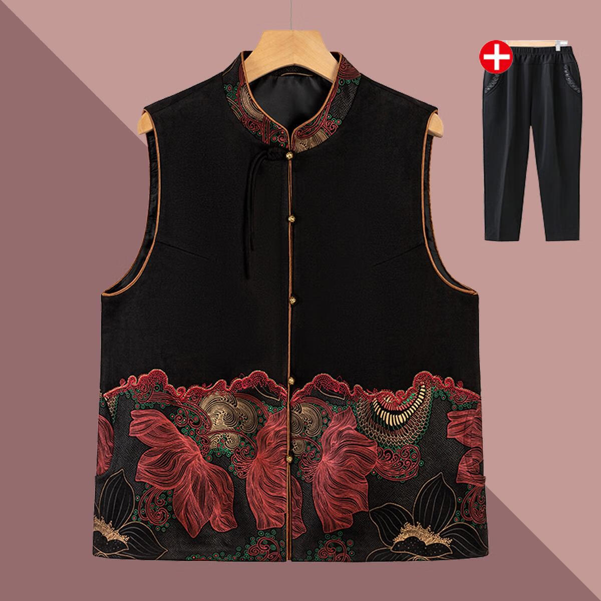 漫花格中老年女春装马甲奶奶新中式金丝绒背心老太太复古唐装立领上衣薄 咖色上衣 2XL 建议100-115斤