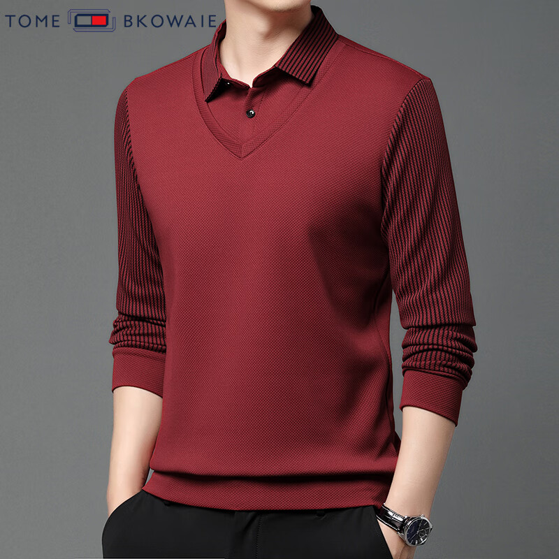 汤米芙兰可加绒加厚假两件毛衣男2025年秋冬季新款保暖休闲修身套头男士上衣 酒红常规不加绒 3XL /185（建议165-180斤）