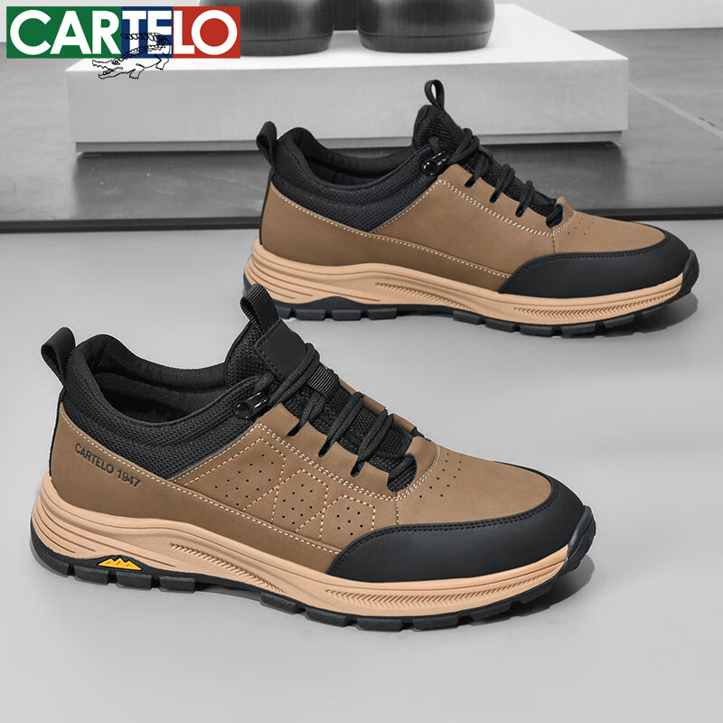 卡帝乐鳄鱼男鞋秋冬季新款男士休闲皮鞋时尚运动休闲鞋百搭舒适旅游鞋子 卡其 5607 39