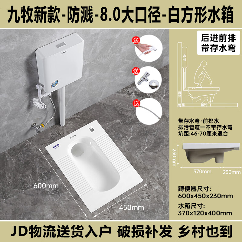 九牧（JOMOO）新款防濺蹲便器蹲坑式水箱整套防臭廁所衛(wèi)生間蹲廁便池 8.0大口徑帶彎前排+白色方形水箱