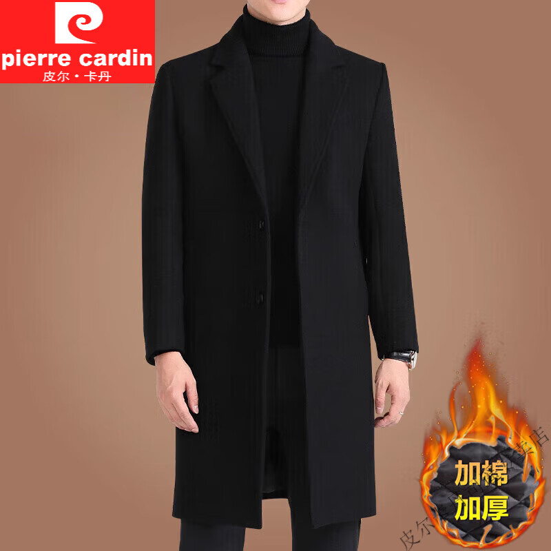 皮爾卡丹（pierre cardin）羊毛呢大衣男中長款韓版休閑中青年風衣新款冬季加厚呢子外套男 黑色(40%羊毛) XL (180)