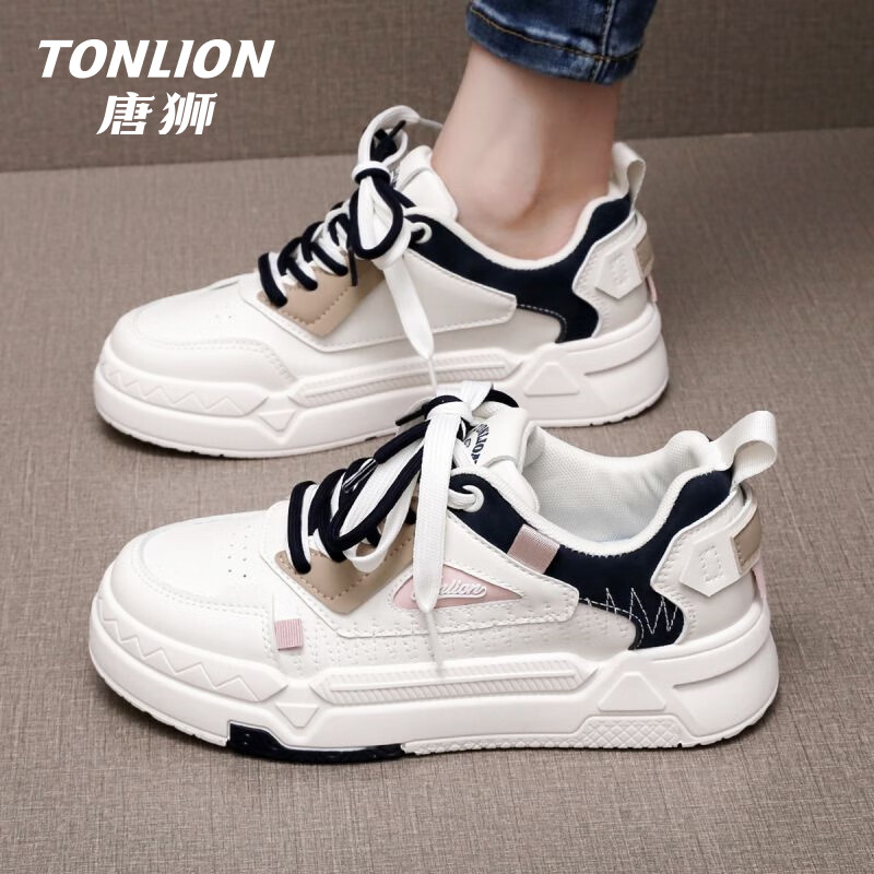 唐狮（TonLion）女鞋秋季厚底鞋子女百搭休闲小白鞋女士增高运动板鞋 白粉37