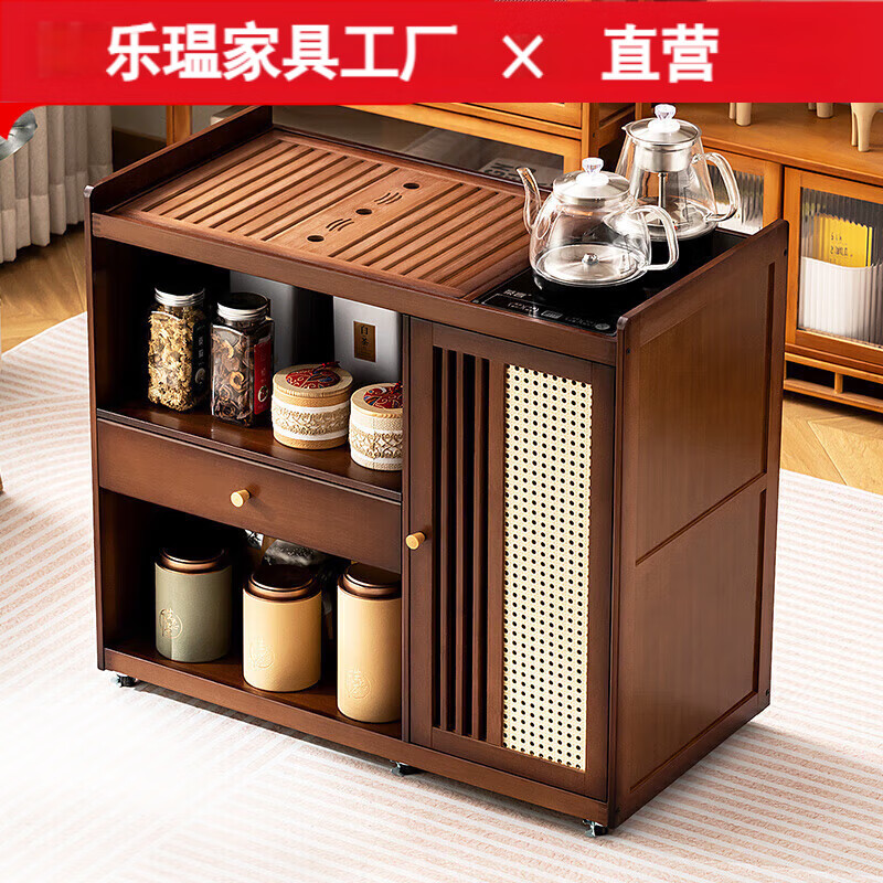 縵宛木移動茶桌家用小茶臺竹木茶車茶幾茶具套裝自動燒水壺一體茶水柜 楠竹面板茶色-80長單抽單門 煮