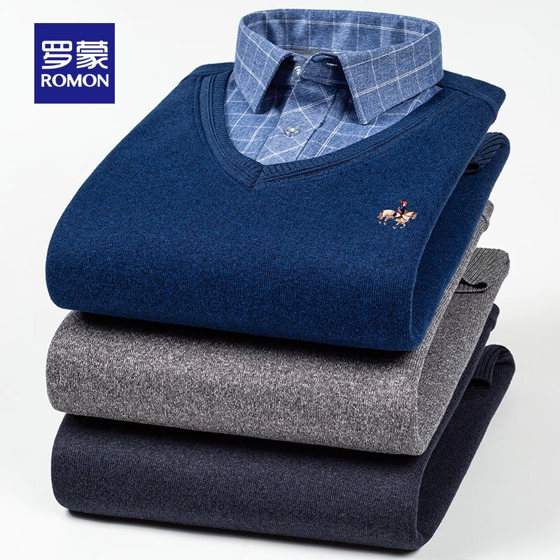 罗蒙（ROMON）加绒加厚保暖针织衫男士冬季中青年衬衫领假两件毛衣打底衫爸爸装 黑色 【加绒款】 XL (175) (建议130-150斤)