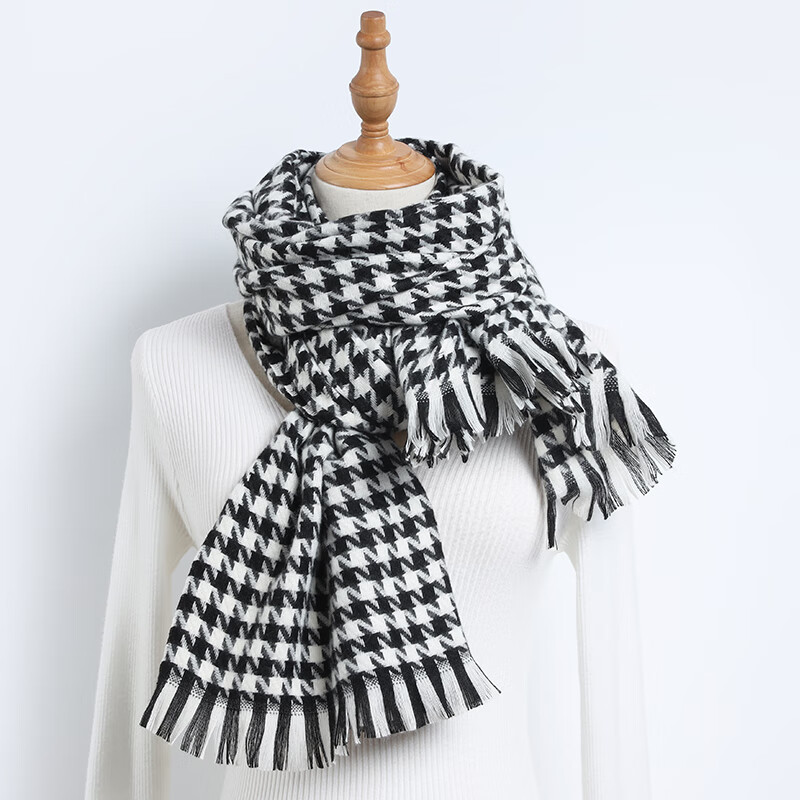 达芬奇密码围巾女春秋季学生欧美风保暖围脖情侣男女格子披肩 经典千鸟格 黑白