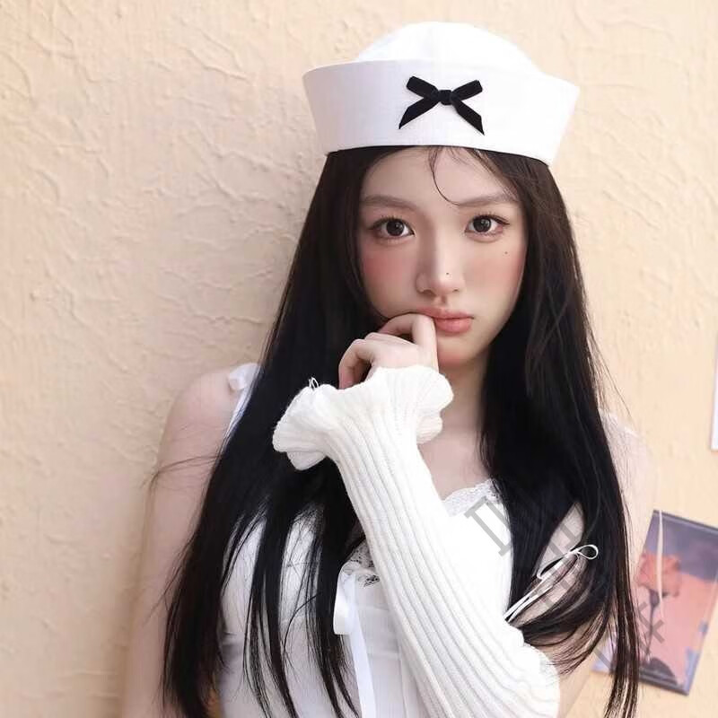 言芳諾蝴蝶結(jié)可愛粉色水手帽韓版百搭甜美少女夏JK貝雷帽海軍帽子翻檐帽 白色