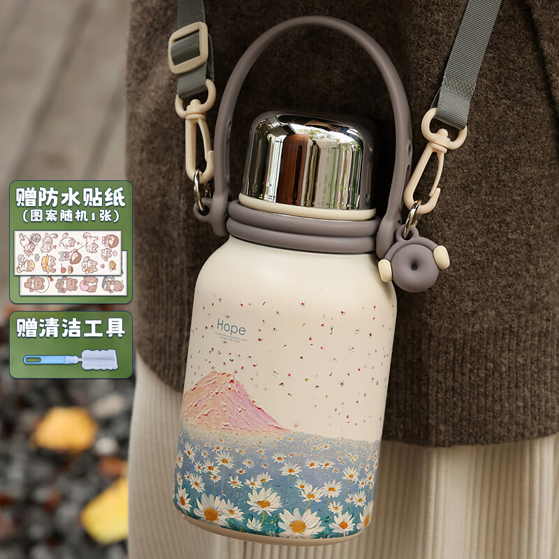 OQB日本保溫水壺大容量保溫杯女生高顏值精致高級感泡茶不銹鋼學(xué)生水 希望雪山 送杯刷+貼紙 1000ml