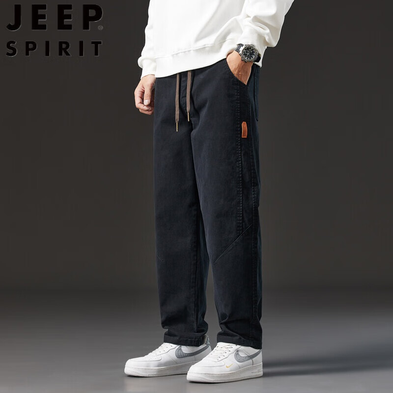 JEEP SPIRIT纯棉裤子男款秋季男款秋款2025新款宽松直筒工装复古男士休闲裤子 黑色 28