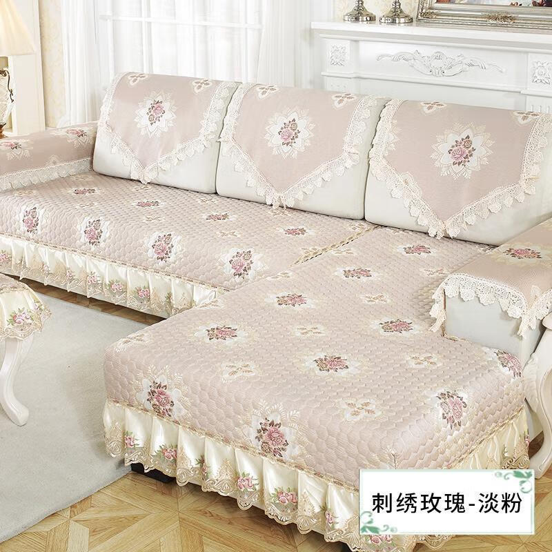 YWZR布藝簡(jiǎn)約搭巾防滑方巾沙發(fā)簾靠背巾后背蓋布包通用裝飾沙發(fā)墊狄瑄 刺繡玫瑰 淡粉 扶手巾70*50（含花邊）
