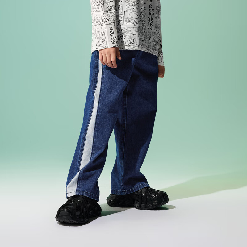 马骑顿（MQD）【国潮系列】男童裤子春秋季新款宽松直筒拼色儿童牛仔裤百搭 深牛仔蓝 130