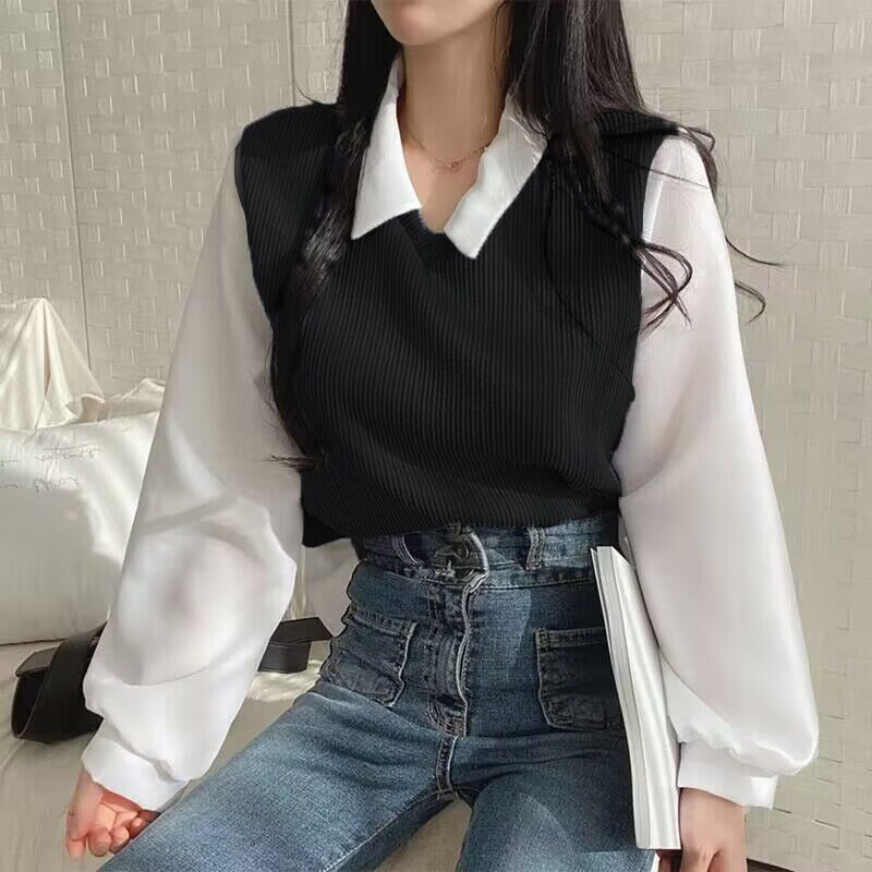 思织沁长袖T恤条纹假两件polo领卫衣女宽松高街翻领百搭别致高级感上衣 蓝色 S