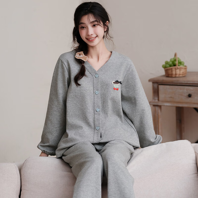 芬腾睡衣女春秋季新款纯棉V领长袖套装大码休闲可外穿开衫家居服 花灰 2XL 建议:145-160斤