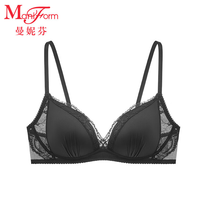 曼妮芬女生舒适性感蕾丝轻薄三角杯内衣女士法式无钢圈文胸胸罩 020 黑色 70B