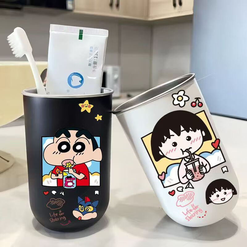 304不锈钢漱口杯轻奢高颜值洗漱杯抗菌学生小新刷牙杯牙刷杯牙缸 304不锈钢白+【蜡笔小新吃饼干】