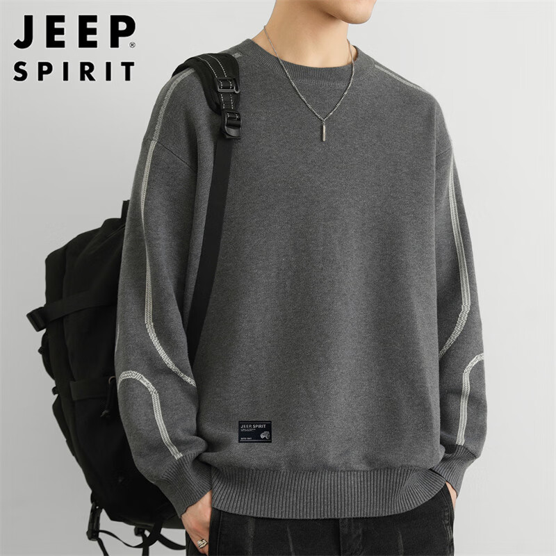JEEP SPIRIT吉普毛衣男秋冬季韩版宽松针织衫男士圆领毛线衣服男装 灰色 XL 