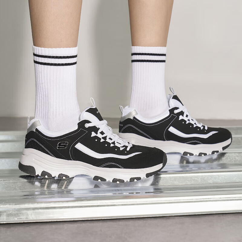 斯凯奇(Skechers)奥利奥熊猫鞋丨老爹鞋女经典黑白复古春夏轻便潮流增高运动休闲鞋 【女款】黑色/白-BKW 38.5