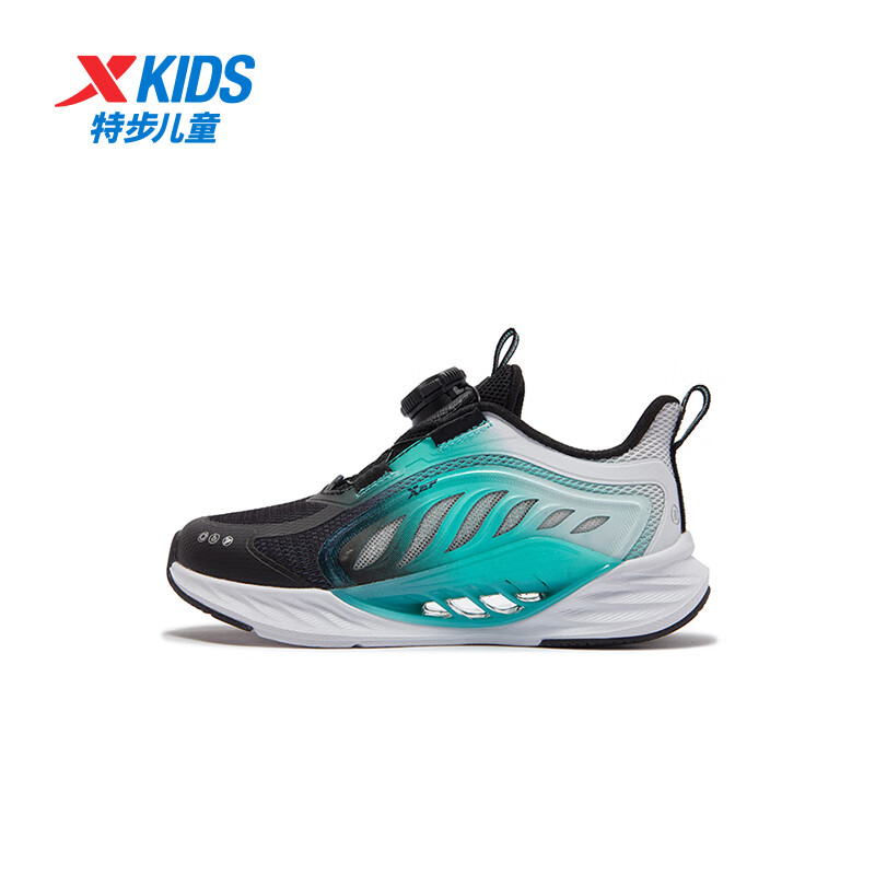 特步儿童鞋【氢风8.0护足跑鞋】网革透气缓震旋钮扣飞弹科技运动跑鞋 黑/极光绿 27 码