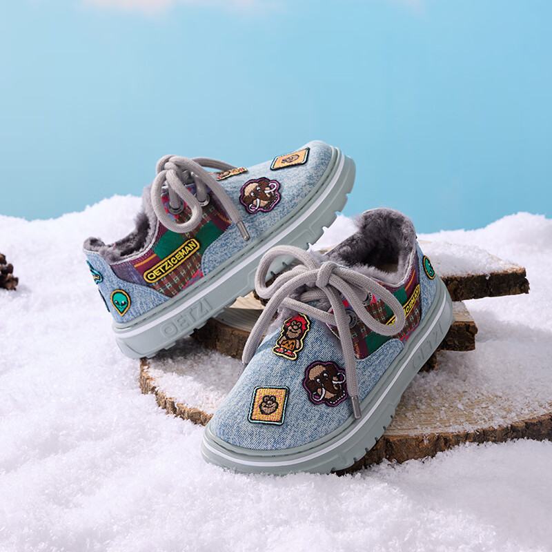 OETZI冰人奥兹 雪地靴冬季加绒保暖休闲鞋低帮刺绣帆布大头丑鞋 棉鞋 蓝色/酒红色T23340222 38