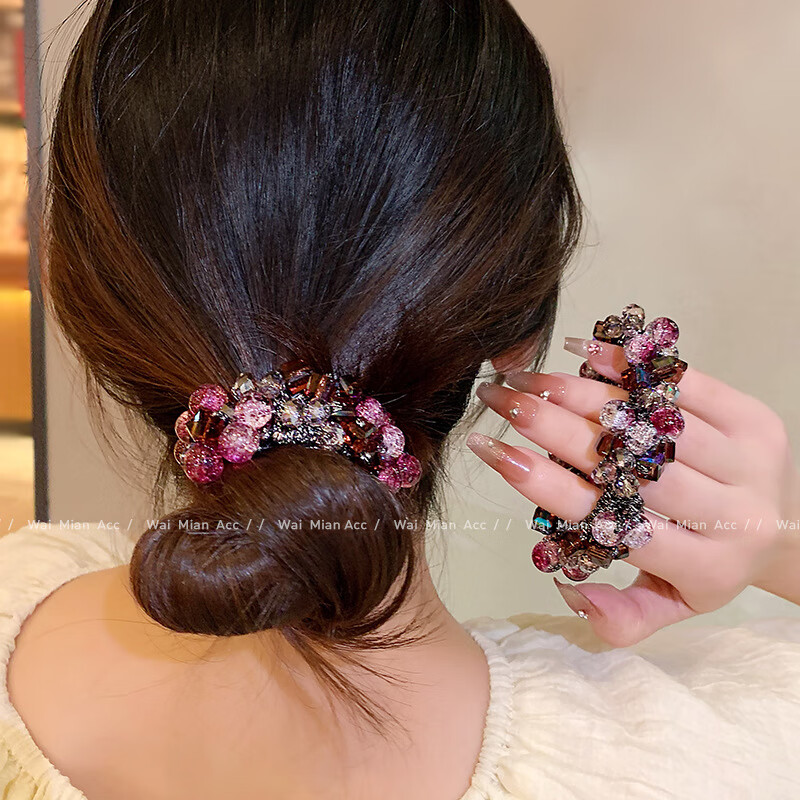 BARY REEF高端時尚紫色水晶發(fā)圈女網(wǎng)紅重工馬尾頭繩日韓新款丸子頭皮筋發(fā)飾 深紫色水晶發(fā)圈