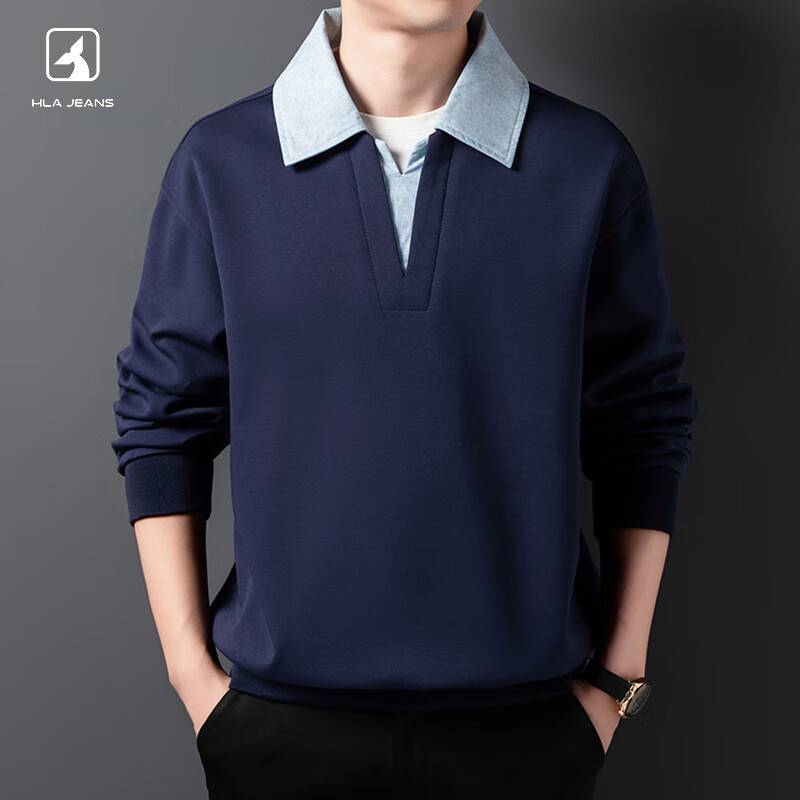 黑鲸男士卫衣春秋款假两件V领长袖高端休闲男装上衣 白色 2XL