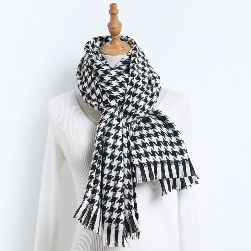 达芬奇密码围巾女春秋季学生欧美风保暖围脖情侣男女格子披肩 经典千鸟格 黑白