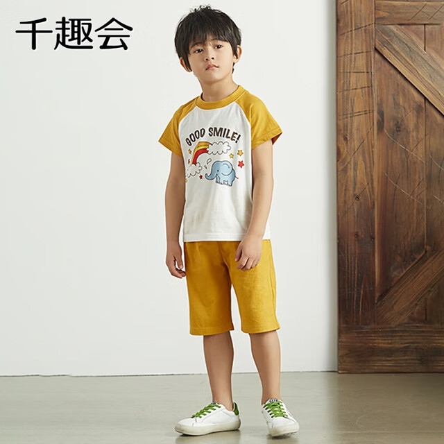 千趣会童装男童套装夏季空调服外出服薄款圆领纯棉短袖短裤儿童套装 藏青色&燕麦色 100 cm