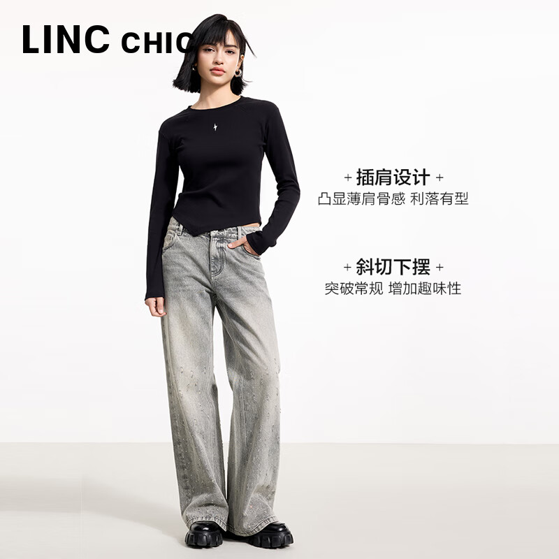 金羽杰2025年春季新品修身圆领长袖T恤女短款轻薄款内搭上衣S251FK019Y 黑色 S 适合95斤以下